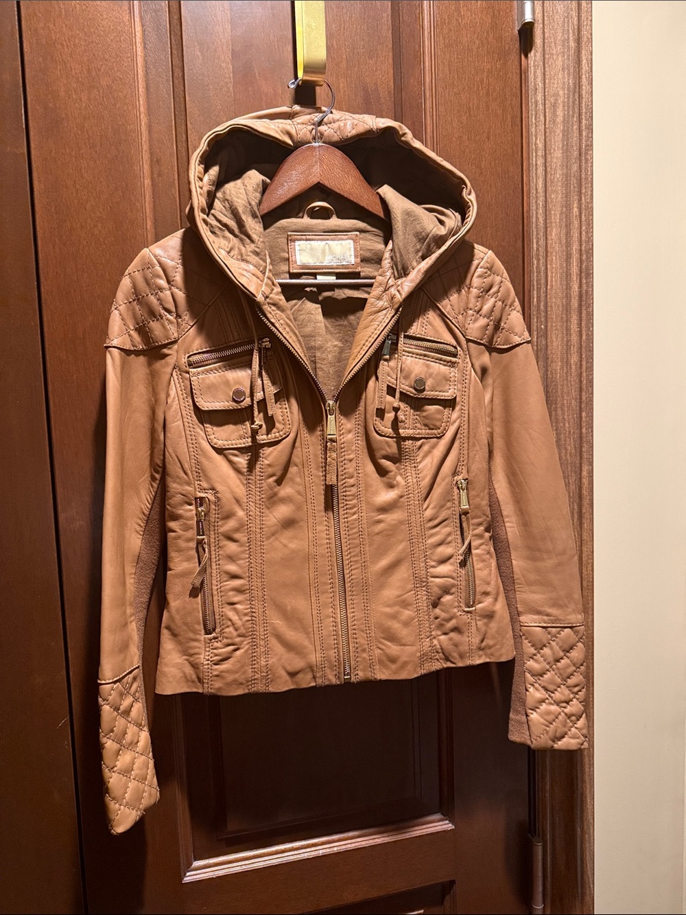 Michael Kors Tan Leather Hooded Jacket